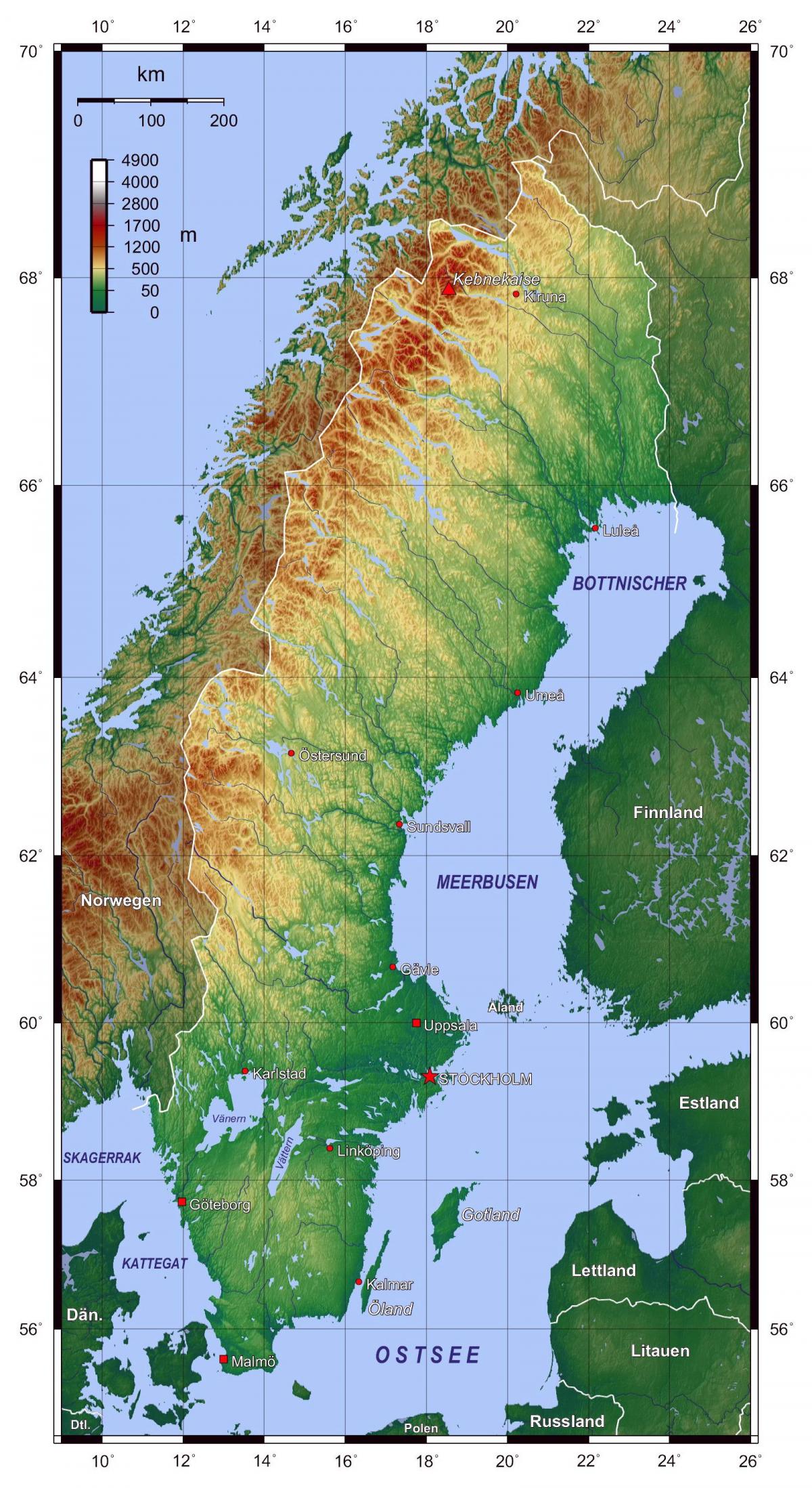 Mapa de altitud de Suecia