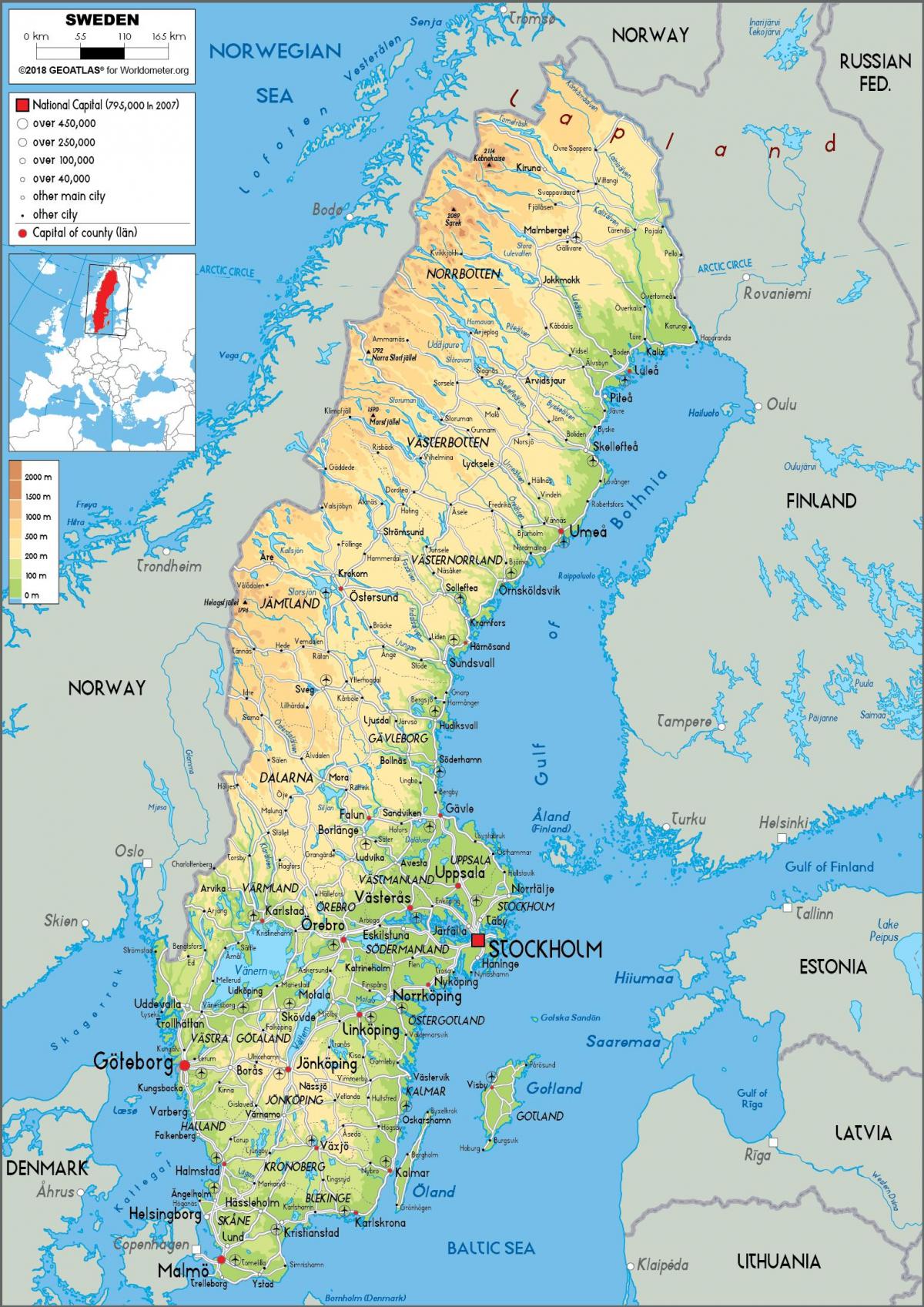 Mapa del terreno de Suecia